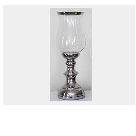 Lampion szklany z podstawą ceramiczną srebrną  H: 40 cm